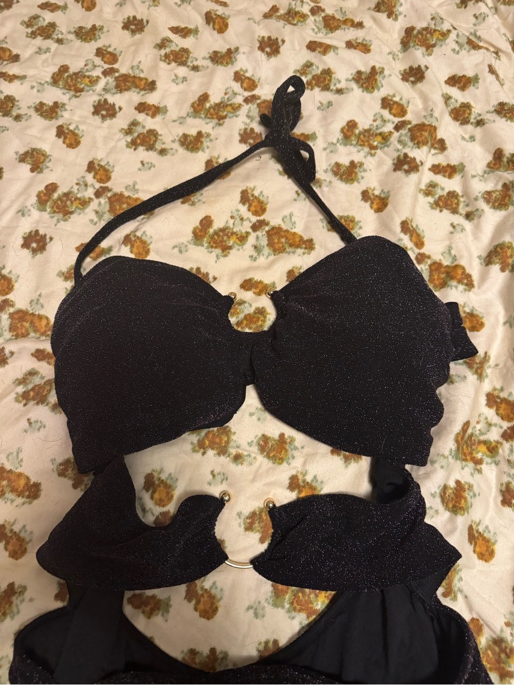 Victoria's Secret Black Glitter Cutout One-Piece Swimsuit with Ring Detail - Picture 2 of 4